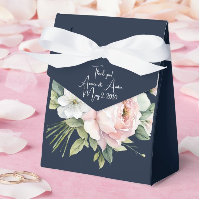 Pink Peonies Navy Background Wedding  Favour Box (Wedding)
