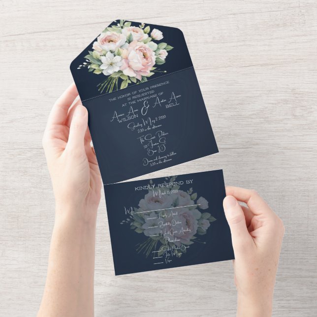 Pink Peonies Navy Background Wedding Invitation (Tearaway)