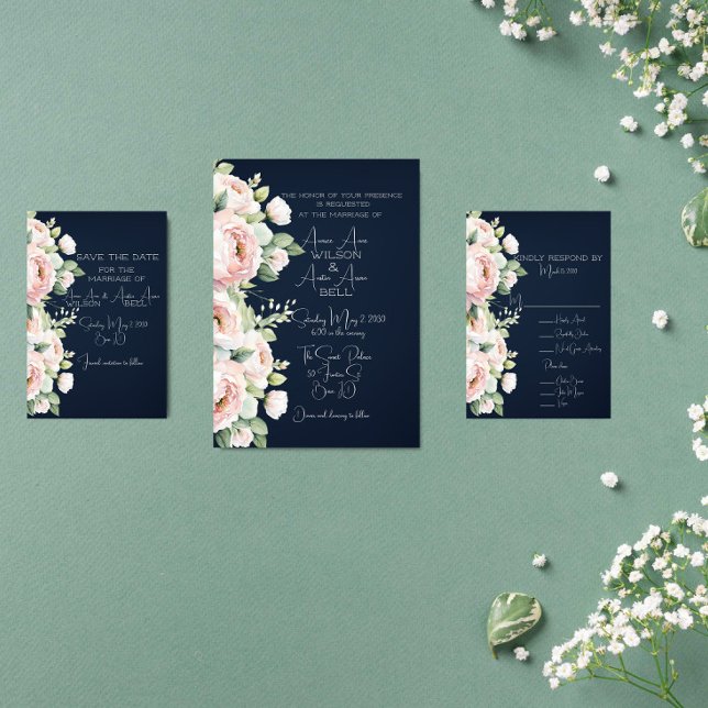 Pink Peonies Navy Background Wedding Invitation (Creator Uploaded)