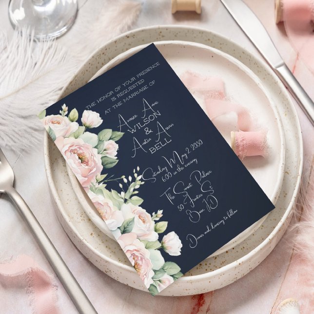 Pink Peonies Navy Background Wedding Invitation (Creator Uploaded)