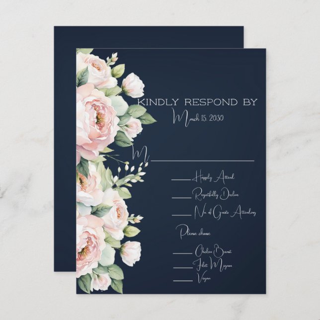 Pink Peonies Navy Background Wedding  RSVP Card (Front/Back)