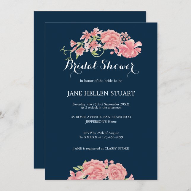 Pink peonies navy blue floral bridal shower invitation (Front/Back)