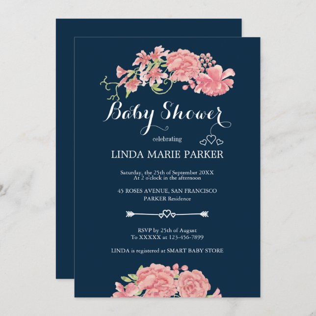 Pink peonies navy blue floral elegant baby shower invitation (Front/Back)