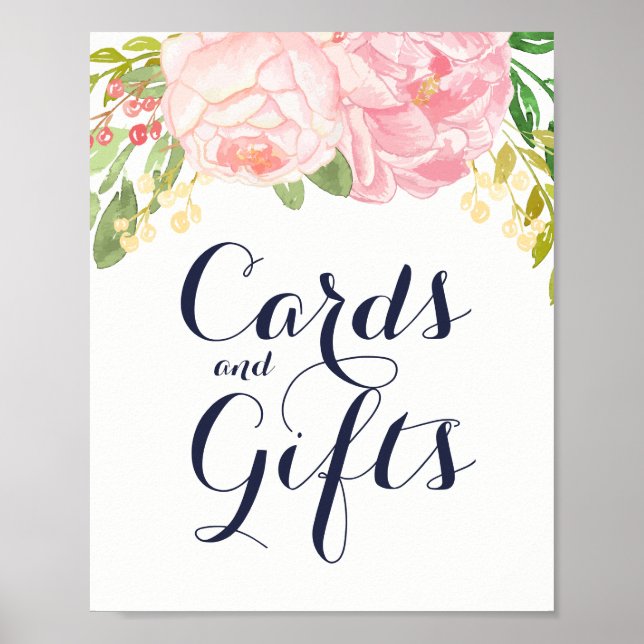 Pink Peonies on Blue Cards and Gifts Sign (8x10) (Front)