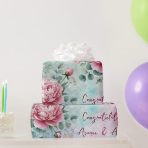 Pink Peonies On Blue/Pink Wedding/Shower Wrapping Paper