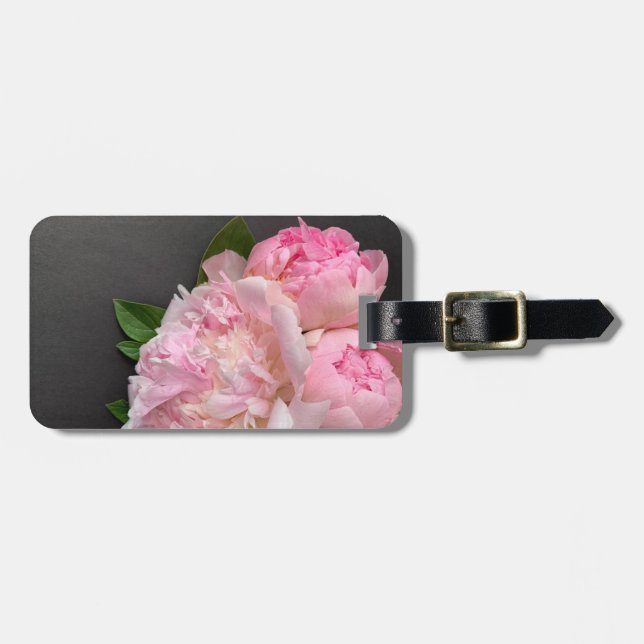 Pink peonies on dark background luggage tag (Front Horizontal)