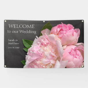 Pink peonies on dark grey wedding banner