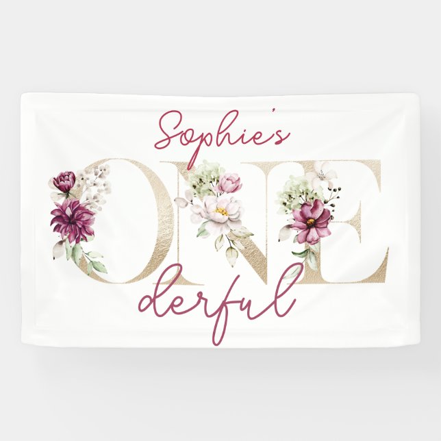 Pink peonies onederful birthday party watercolor banner (Horizontal)