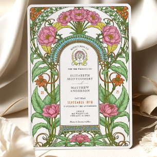 Pink Peonies & Orange Blooms Art Nouveau Wedding Invitation
