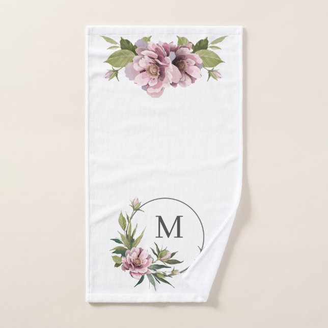 Pink peonies personalised initial monogram hand towel (Hand Towel)