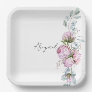 Pink Peonies Personalised Script Bridal Shower Paper Plate