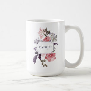Pink Peonies Purple and Green Leaves Monogram Coffee Mug