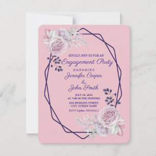 Pink Peonies Purple Geometric Frame Engagement Invitation