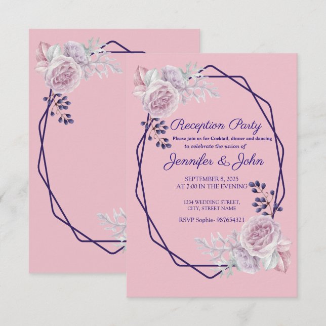 Pink Peonies Purple Geometric Frame Reception Invitation (Front/Back)