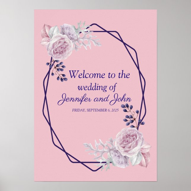 Pink Peonies Purple GeometricFrame Wedding Welcome Poster (Front)