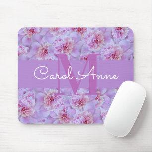 Pink Peonies Purple Monogram Floral Mouse Pad