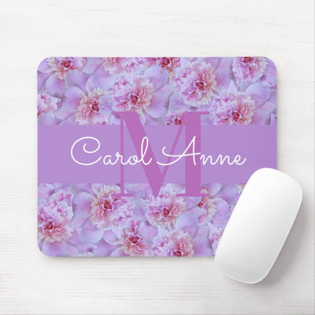 Pink Peonies Purple Monogram Floral Mouse Pad (With Mouse)
