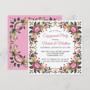 Pink Peonies Rococo Frame Engagement Party Invitation