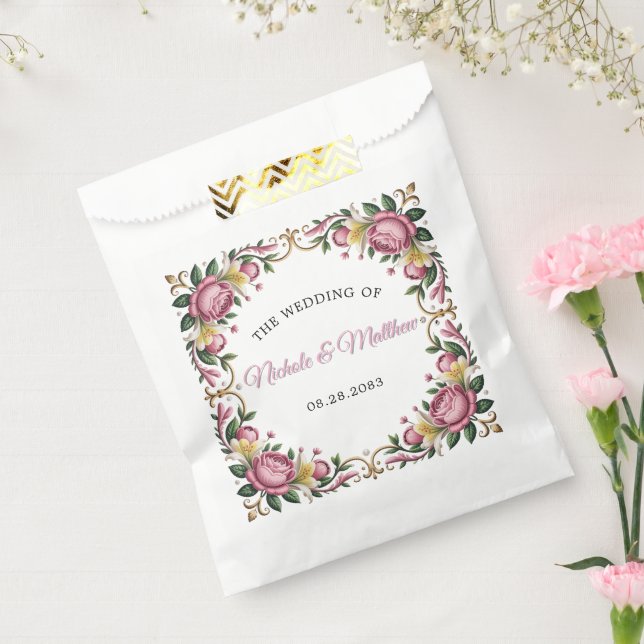 Pink Peonies Rococo Frame Wedding Favour Bag (Sealed)
