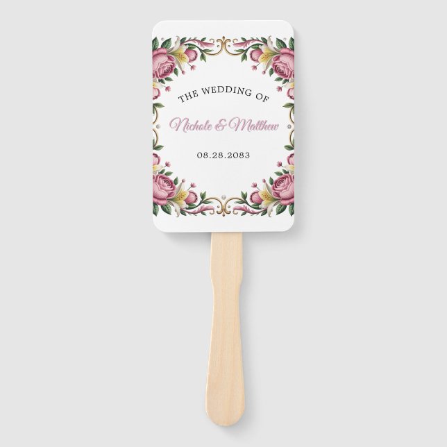 Pink Peonies Rococo Frame Wedding  Hand Fan (Front)