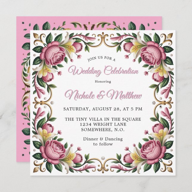 Pink Peonies Rococo Frame Wedding Invitation (Front/Back)