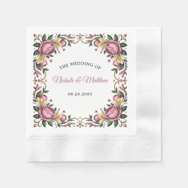 Pink Peonies Rococo Frame Wedding Napkin (Front)