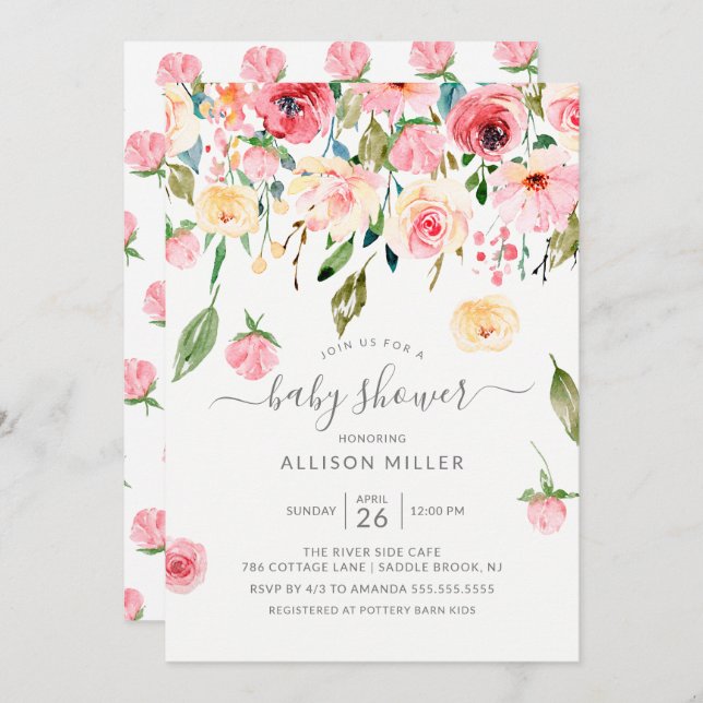 Pink Peonies Rose Floral Baby Shower Invitation (Front/Back)