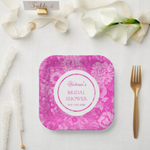 Pink Peonies Toile Bridal Shower Paper Plate