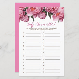 Pink Peonies Watercolor Baby Shower Game ABC