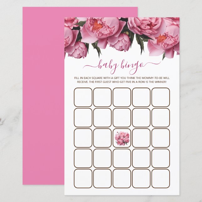 Pink Peonies Watercolor Baby Shower Game Bingo (Front/Back)