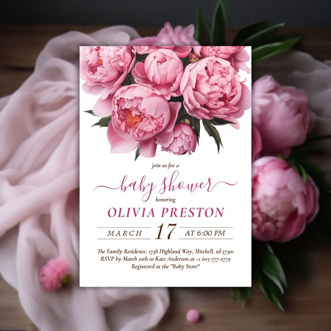 Pink Peonies Watercolor Baby Shower Invitation (Pink Peonies Watercolor Baby Shower Invitation)