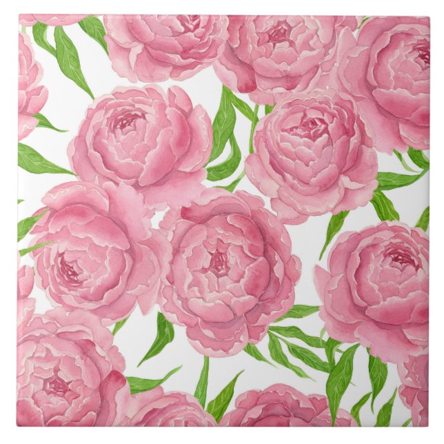 Pink peonies watercolor ceramic tile (Front)