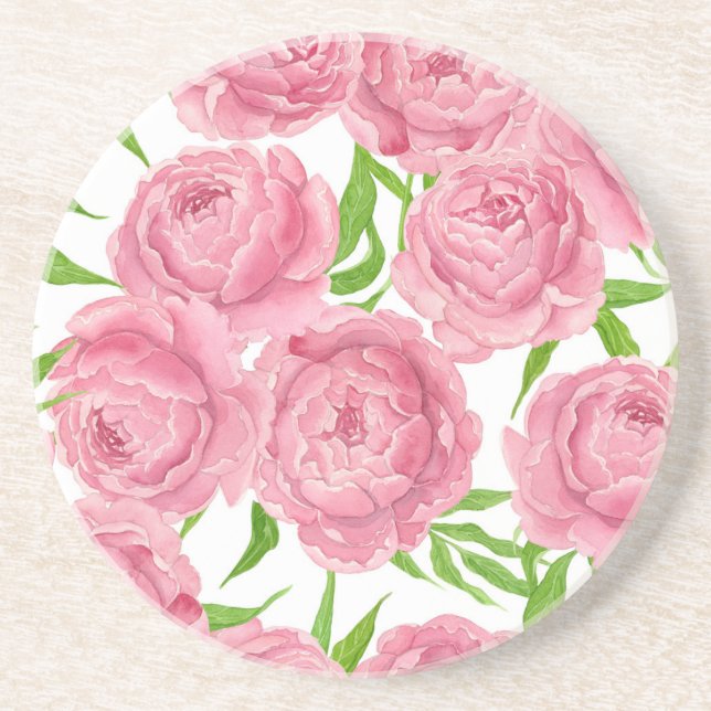 Pink peonies watercolor coaster (Front)