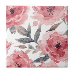 Pink Peonies Watercolor Floral Botanical Painted Ceramic Tile