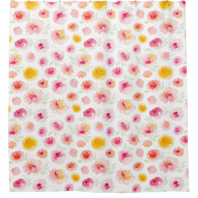Pink Peonies Watercolor Floral Pattern Shower Curtain (Front)