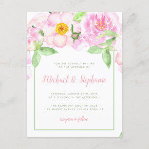 Pink Peonies Watercolor Floral Spring Wedding Invitation Postcard