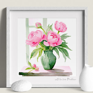 Pink Peonies Watercolor Green Vase Art Print