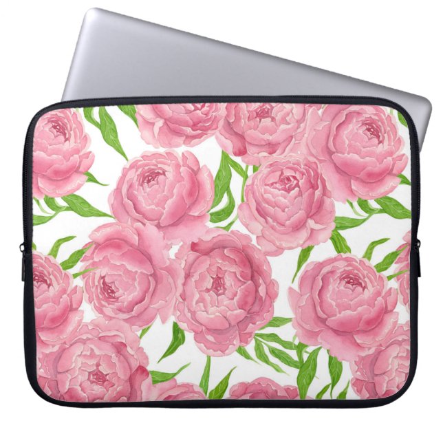 Pink peonies watercolor laptop sleeve (Front)