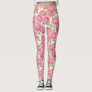 Pink peonies watercolor leggings