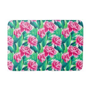 Pink Peonies Watercolor Print Bath Mat