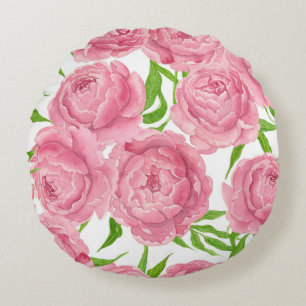 Pink peonies watercolor round cushion