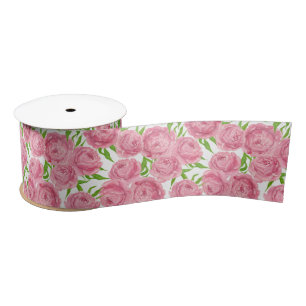 Pink peonies watercolor satin ribbon