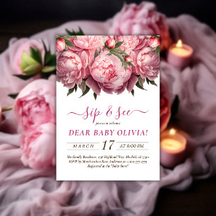 Pink Peonies Watercolor Sip and See Invitation