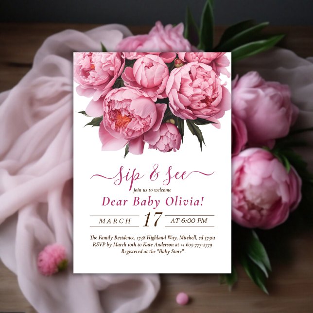 Pink Peonies Watercolor Sip and See Invitation (Pink Peonies Watercolor Sip and See Invitation)