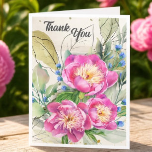 Pink Peonies Watercolor Thank You Card