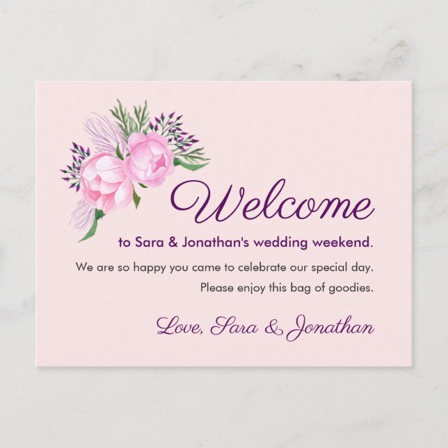 Pink Peonies Watercolor | Wedding Welcome Postcard (Front)