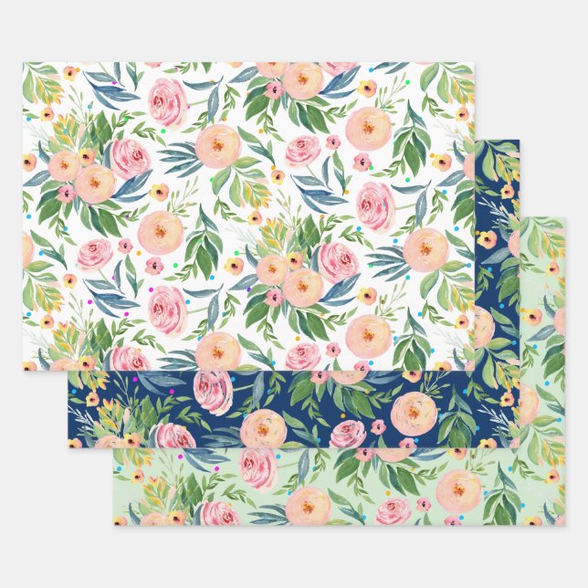 Pink peonies watercolors pattern wrapping paper sheet (Set)