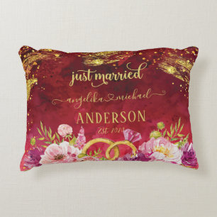 Pink Peonies Wedding Ring Red Gold Just Married Decorative Cushion