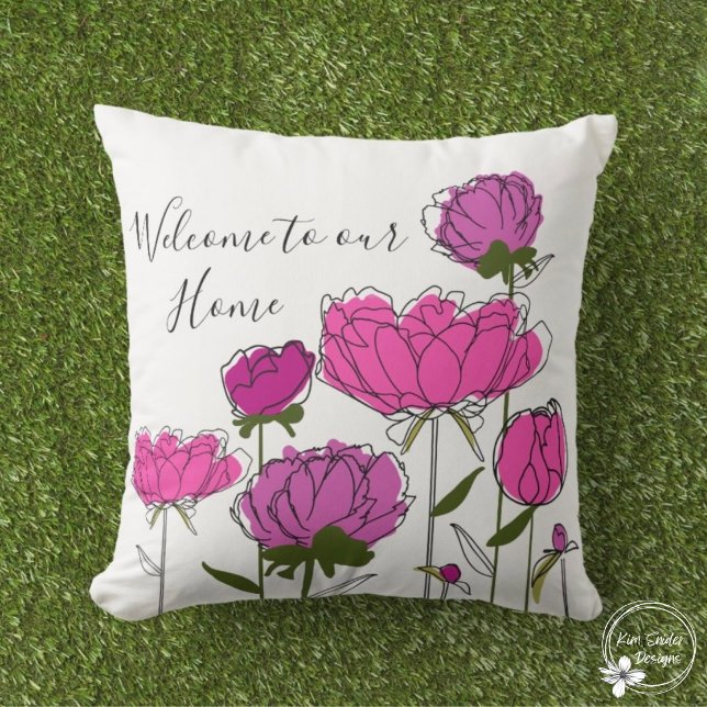 Pink Peonies "Welcome to our Home" Cushion (Creator Uploaded)