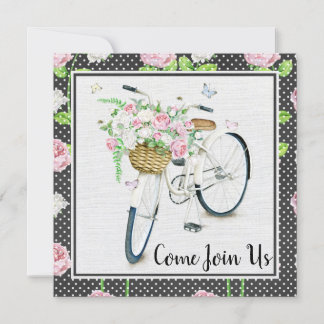 Pink Peonies & White Bicycle Birthday Party Invitation